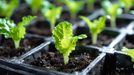 Delicate, green leaves of young plants sprouting from the rich, dark soil contained in black plastic trays.