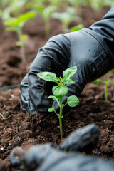 Gardener wearing black gloves, planting a small green seedling into the fertile soil. The focus is on the hands and the plant, showcasing a personal connection to nature and growth.