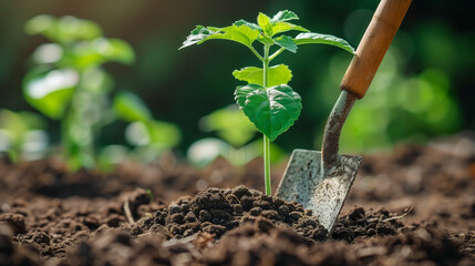 Young, green plant emerging from the rich, brown soil. A garden trowel is partially buried in the earth next to it, illustrating the act of planting or gardening. - obrazy, fototapety, plakaty