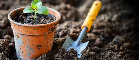 Young green plant sprouting from rich soil in an orange pot, accompanied by a garden trowel with a yellow handle, all set against the backdrop of fertile earth