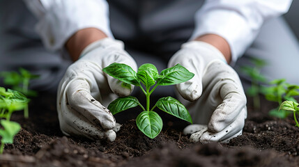 Young, green plant being nurtured in soil. Hands in white gloves, delicately surround the plant, emphasizing a moment of growth and potential. 