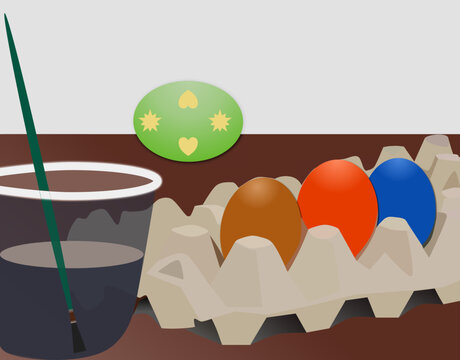 Carton box with colorful easter eggs and plastic cup lying on brown table at home. Illustration made March 18th, 2024, Zurich, Switzerland.
