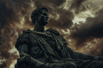 Julius Caesar Roman Dictator statue under dark clouds reflects history and antique elements - obrazy, fototapety, plakaty