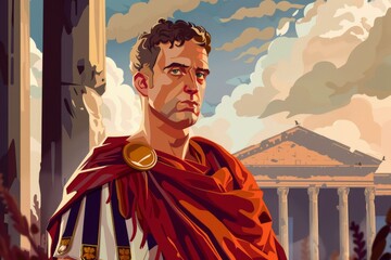 Trajan the Roman Emperor Cartoon Illustration with Historical Ancient Rome Elements