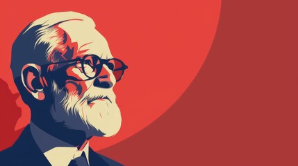 Sigmund Freud minimalist portrait in pop-art style with red and blue tones