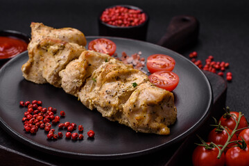 Delicious fresh chicken meat kebab with salt, spices and herbs
