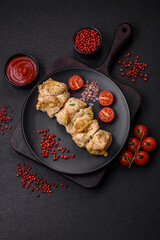 Delicious fresh chicken meat kebab with salt, spices and herbs