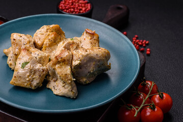 Delicious fresh chicken meat kebab with salt, spices and herbs