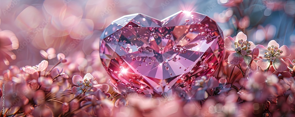 Poster Precious Gemstone in the Shape of a Love Heart with Flowers.