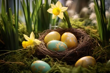 Fototapeta na wymiar Easter eggs hiding in the grass with daffodil - generative ai