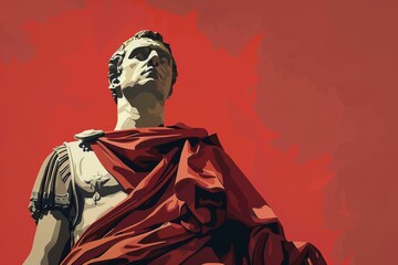 Julius Caesar Roman dictator statue in minimalist style with a red backdrop - obrazy, fototapety, plakaty