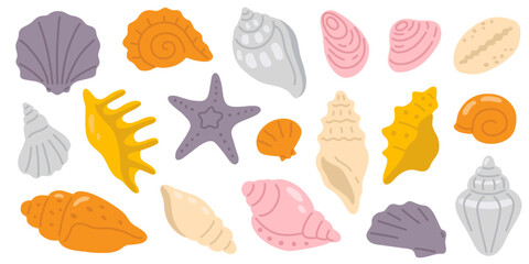 Vector illustration set of cute doodle seashell for digital stamp,greeting card,sticker,icon,summer design
