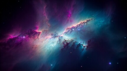 A brilliant nebula shimmers like a jewel in azure and lavender shades  - obrazy, fototapety, plakaty
