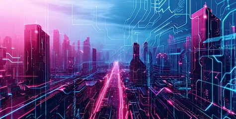 Foto op Plexiglas Abstract city background. Futuristic technology style. Elegant background for business tech presentations. Futuristic cityscape intertwined with circuitry patterns, illustrating the integration of AI. © Oskar Reschke