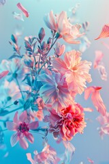 Fototapeta na wymiar An exquisite composition of soft pastel flowers elegantly suspended against a sharp, contrasting blue and pink background