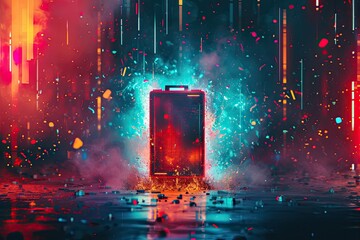 Close-up of a burning electric battery on a dark background with sparks. Stylized battery icon emitting energetic sparks, symbolizing the extreme overcharge of a power source.  - obrazy, fototapety, plakaty