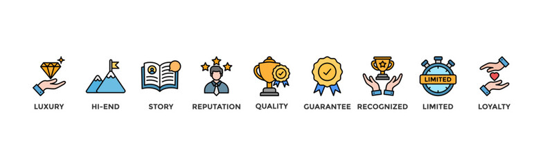 Superbrand banner web icon vector illustration concept with icon of luxury, hi-end, story, reputation, quality, guarantee, recognized, limited and loyalty	