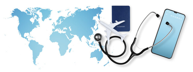 Fototapeta premium Top view of a passport with airplane and a stethoscope on world map background, medical insurance travel concept whether it's a summer beach vacation or a business trip. Health and safety