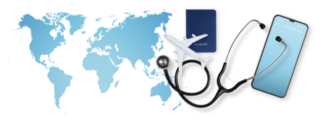 Top view of a passport with airplane and a stethoscope on world map background, medical insurance travel concept whether it's a summer beach vacation or a business trip. Health and safety