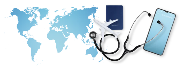 Poster Top view of a passport with airplane and a stethoscope on world map background, medical insurance travel concept whether it's a summer beach vacation or a business trip. Health and safety © amedeoemaja