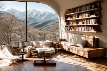 Foto op Plexiglas A pleasant reading enclave with mountain scenery through a sizeable arched window  © Fred