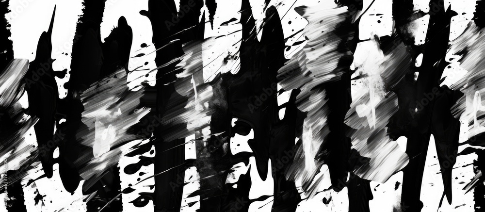 Poster A monochrome painting of a forest with intricate patterns of trees and brush strokes. The blackandwhite style adds depth and detail to the visual arts piece