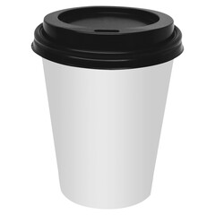 Clean and blank white paper cup for coffee without background. Template for mockup. With black lid	
