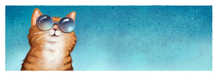 Illustration of funny cat with sunglasses, on blue background