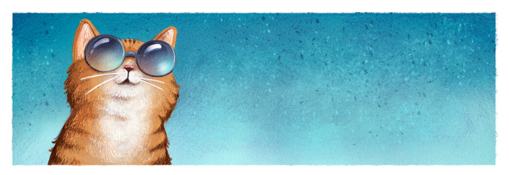 Illustration of funny cat with sunglasses, on blue background