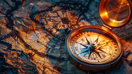 A vintage compass lies open on an old map, glowing with the spirit of exploration