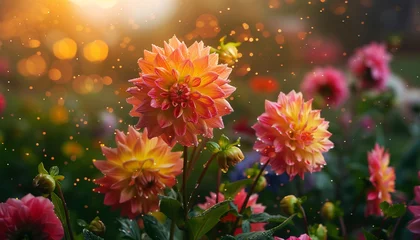 Fotobehang Colorful Dahlia Mix blooms with rain drops, in rustic garden in sunset background © Alexander