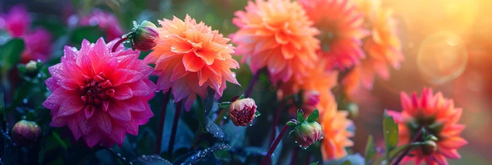 Fototapeten Colorful Dahlia Mix blooms with rain drops, in rustic garden in sunset background © Alexander