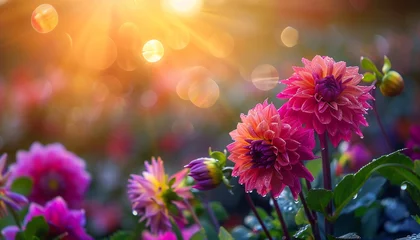 Zelfklevend Fotobehang Colorful Dahlia Mix blooms with rain drops, in rustic garden in sunset background © Alexander