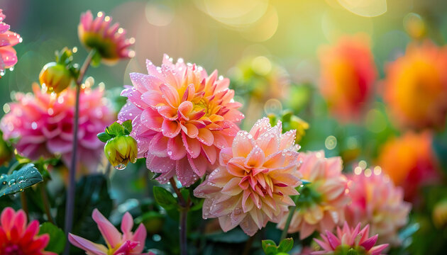 Colorful Dahlia Mix blooms with rain drops, in rustic garden in sunset background