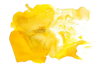 Yellow and gold watercolor shimmering paint stain on white background.