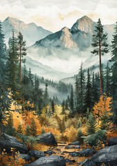 Digital painting of  trees and mountains