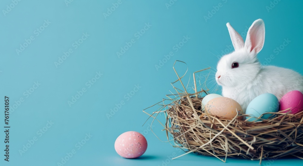 Poster easter theme banner with space for text cute fluffy white bunny sitting in a straw nest with colorfu