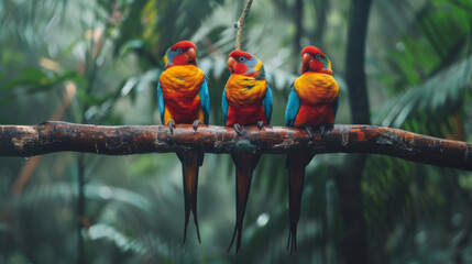 Colorful Birds Relaxing on Rainforest Branch - obrazy, fototapety, plakaty