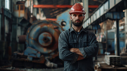 Obraz premium Confident heavy industry engineer stands with arms crossed, overseeing operations in industrial factory