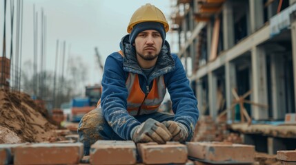 Fototapeta premium Construction bricklayer worker at construction site