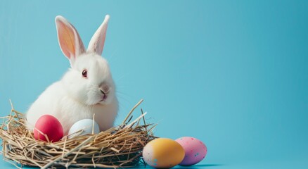 A white, cute, fluffy rabbit with long ears near the eggs A spring holiday banner for advertising and design purposes Generative AI