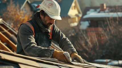 Construction worker expertly placing roofing materials for installation 