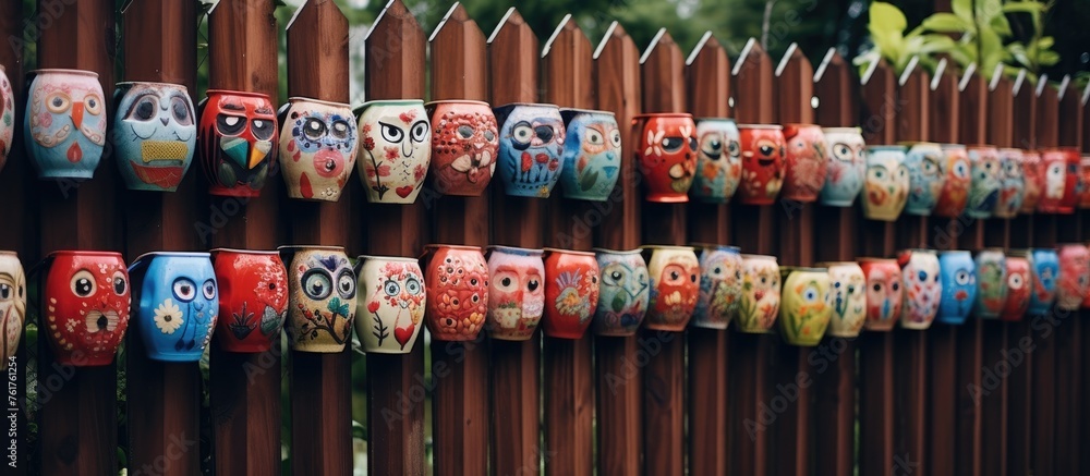 Poster a wooden fence adorned with a row of colorful owls in magenta hues. this unique pattern is perfect f