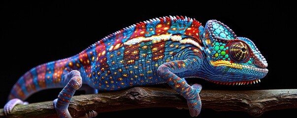 realistic multicolored chameleon with iridescent skin in speckles sitting on branch of a bush over...