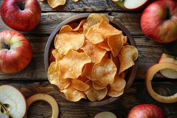 Crispy homemade apple chips stacked in a decorative wooden bowl - Powered by Adobe
