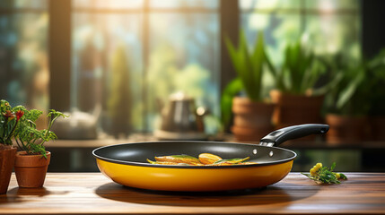 A bright yellow frying pan with cooked vegetables stands on a wooden table against the backdrop of a cozy kitchen with many green plants, in warm sunlight. Comfort and naturalness - obrazy, fototapety, plakaty