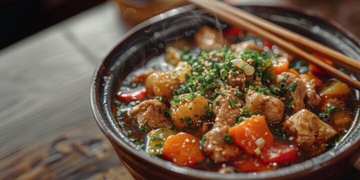 Close up of a steaming Asian chicken dish with vegetables garnished with spring onions and sesame seeds