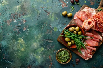 Top view of gourmet prosciutto assorted olives and fresh chives served on a rustic wooden board with green textured backdrop - obrazy, fototapety, plakaty