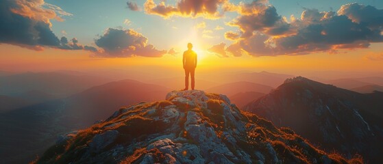 A lone hiker stands on the summit contemplating the expansive mountain range bathed in the golden light of the setting sun - obrazy, fototapety, plakaty