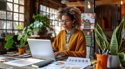 Fototapeta premium Businesswoman focuses on her laptop in a cozy, plant filled office space